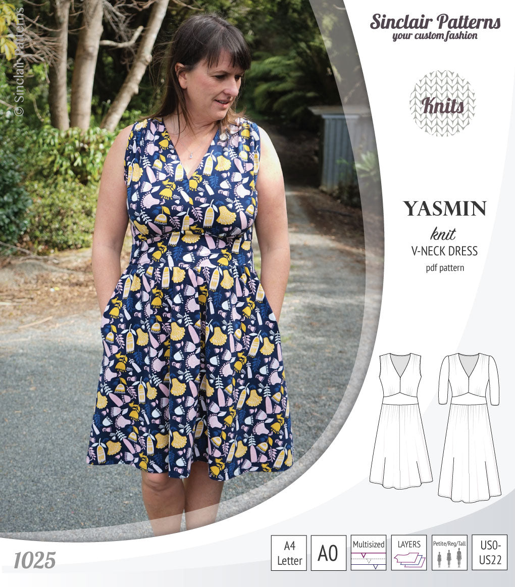 Pdf sewing patterns - S1025 Yasmin knit V neck dress with gathered or flared skirt by Sinclair Patterns 