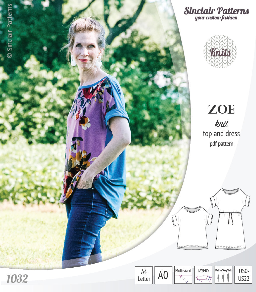 Sinclair Patterns S1032 Zoe relaxed fit dolman top and drawstring knit dress or top for women pdf sewing pattern