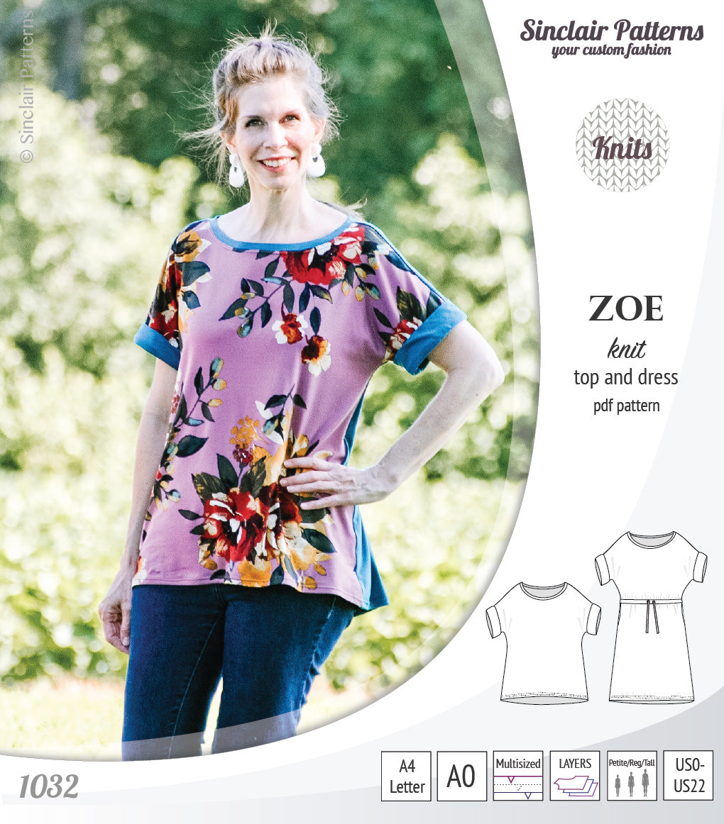 Sinclair Patterns S1032 Zoe relaxed fit dolman top and drawstring knit dress or top for women pdf sewing pattern