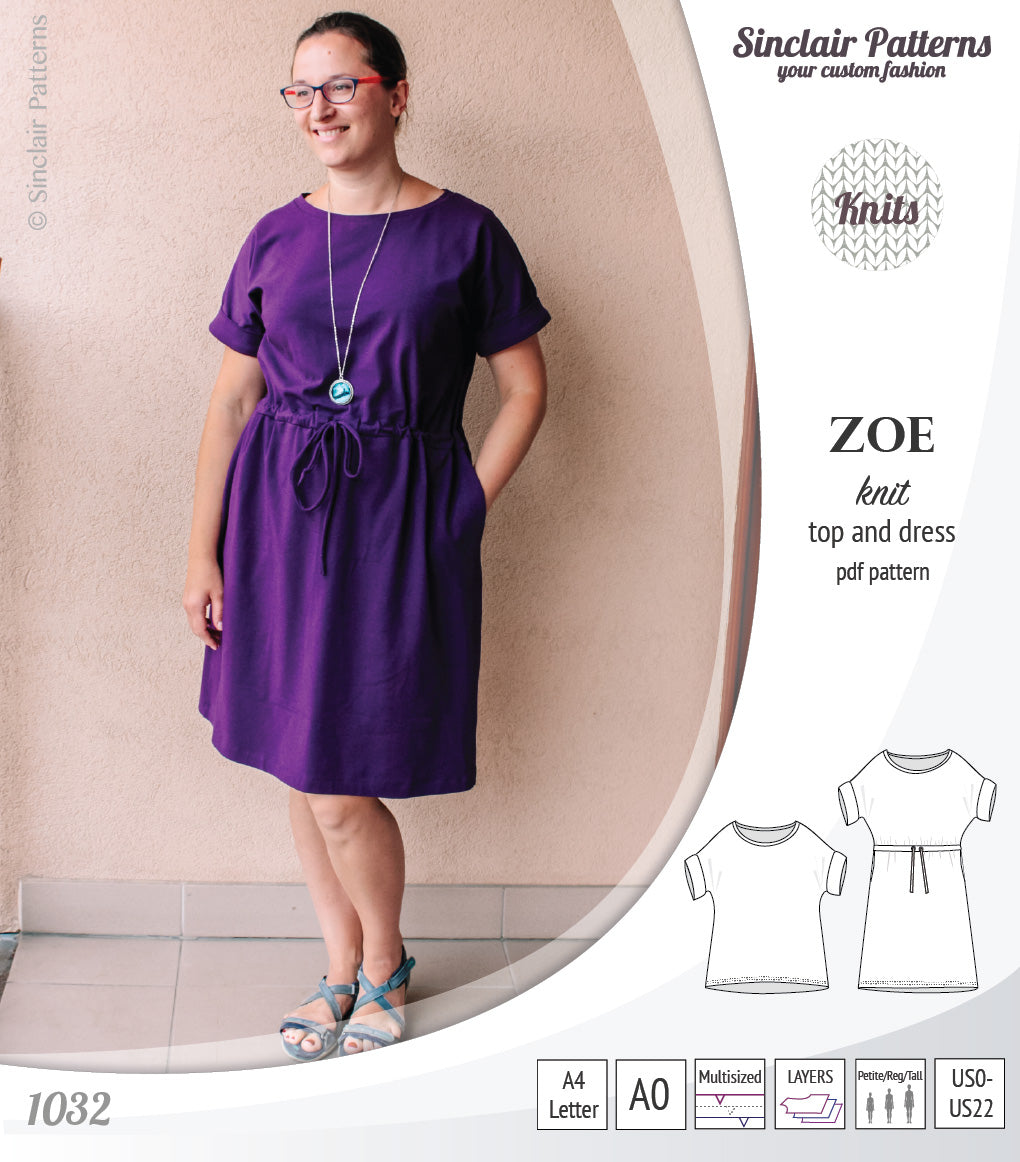 Sinclair Patterns S1032 Zoe relaxed fit dolman top and drawstring knit dress or top for women pdf sewing pattern