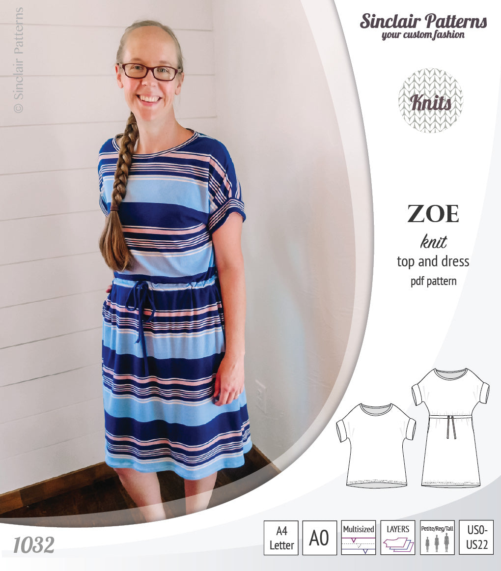 Sinclair Patterns S1032 Zoe relaxed fit dolman top and drawstring knit dress or top for women pdf sewing pattern