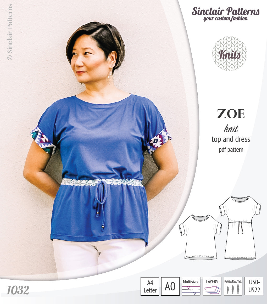 Sinclair Patterns S1032 Zoe relaxed fit dolman top and drawstring knit dress or top for women pdf sewing pattern