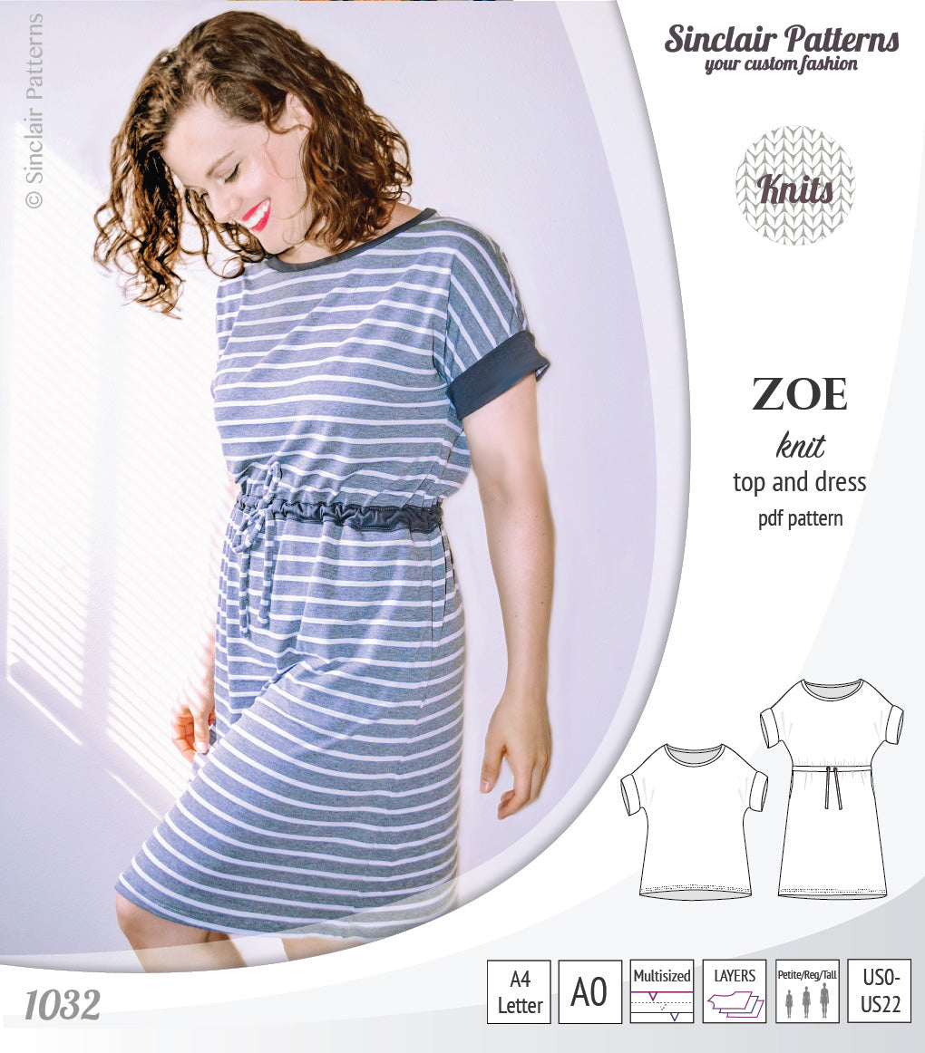 Sinclair Patterns S1032 Zoe relaxed fit dolman top and drawstring knit dress or top for women pdf sewing pattern