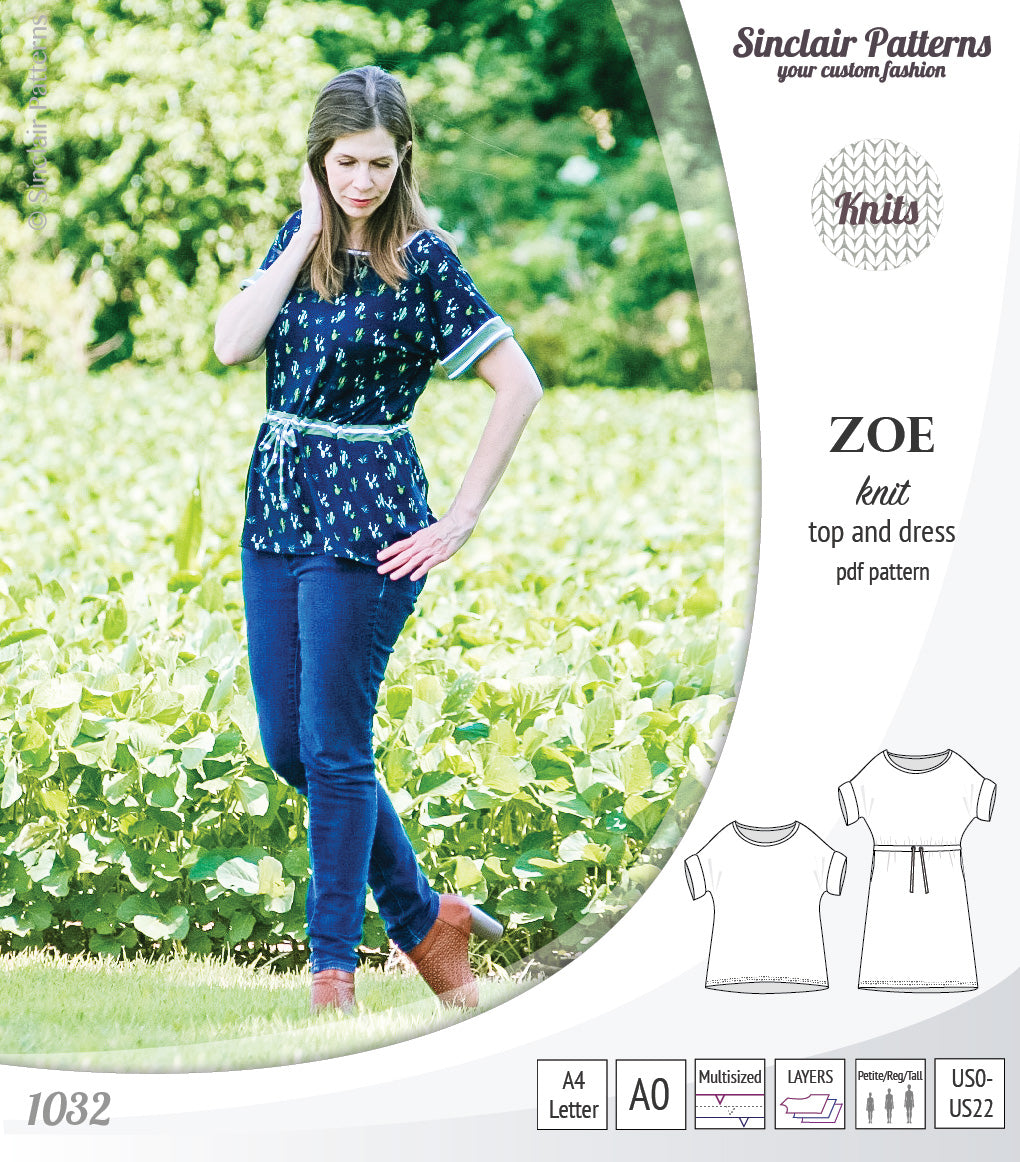 Sinclair Patterns S1032 Zoe relaxed fit dolman top and drawstring knit dress or top for women pdf sewing pattern