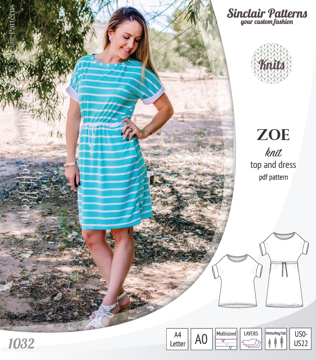 Sinclair Patterns S1032 Zoe relaxed fit dolman top and drawstring knit dress or top for women pdf sewing pattern