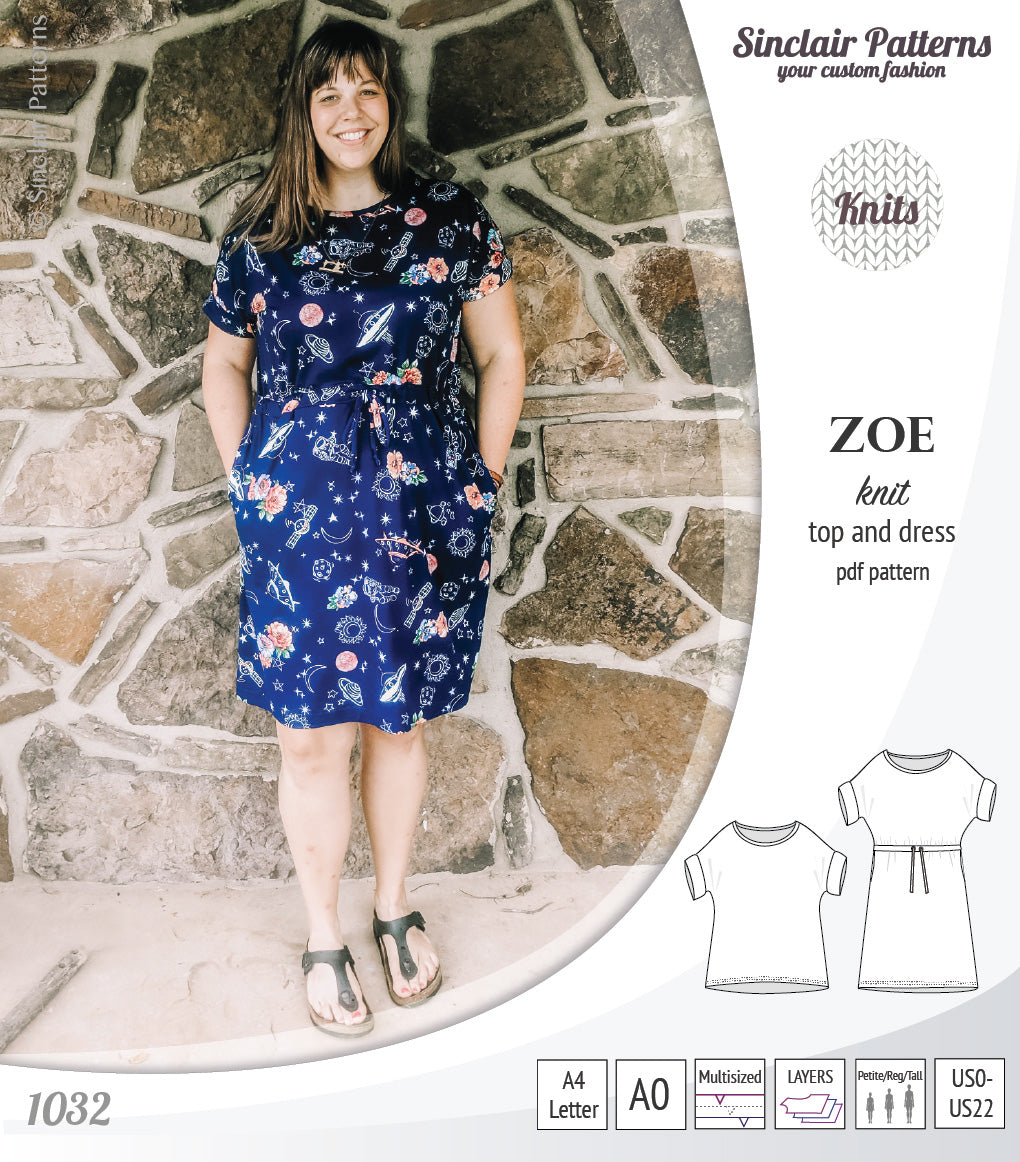 Sinclair Patterns S1032 Zoe relaxed fit dolman top and drawstring knit dress or top for women pdf sewing pattern