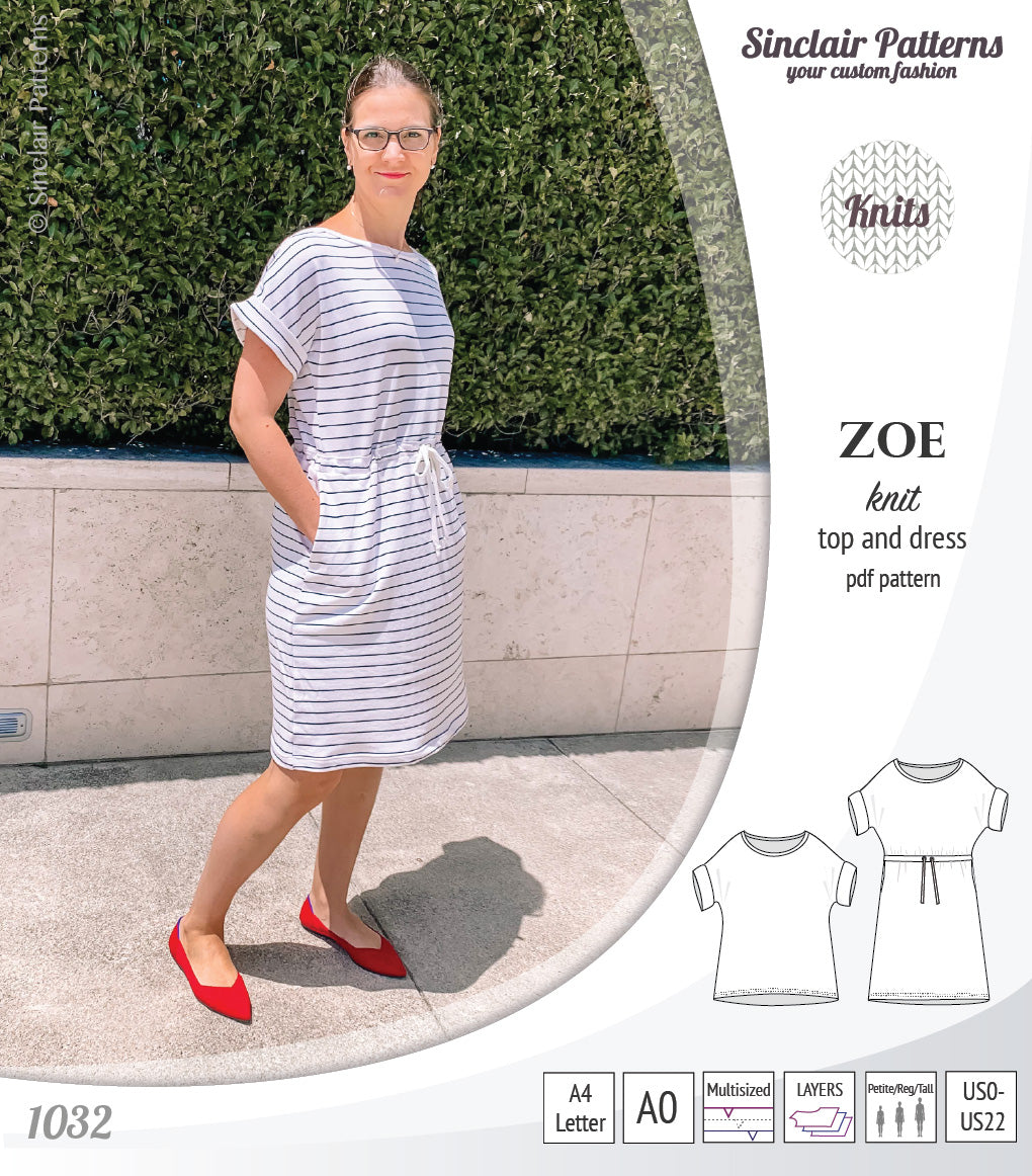 Sinclair Patterns S1032 Zoe relaxed fit dolman top and drawstring knit dress or top for women pdf sewing pattern