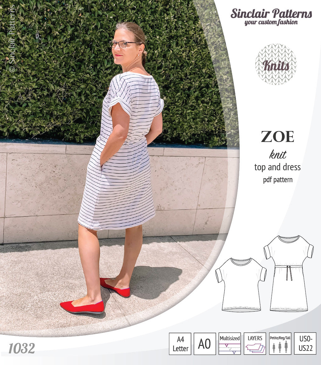 Sinclair Patterns S1032 Zoe relaxed fit dolman top and drawstring knit dress or top for women pdf sewing pattern