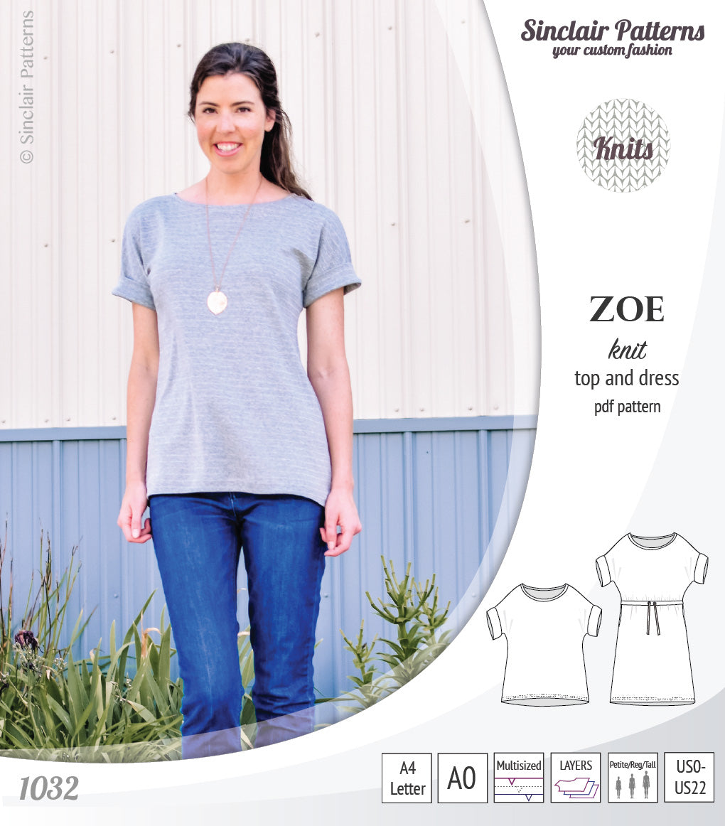 Sinclair Patterns S1032 Zoe relaxed fit dolman top and drawstring knit dress or top for women pdf sewing pattern