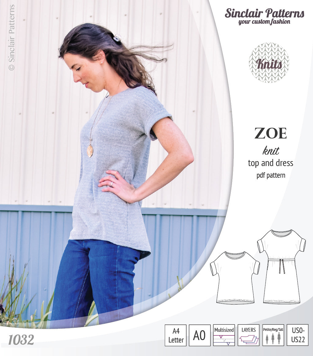 Sinclair Patterns S1032 Zoe relaxed fit dolman top and drawstring knit dress or top for women pdf sewing pattern