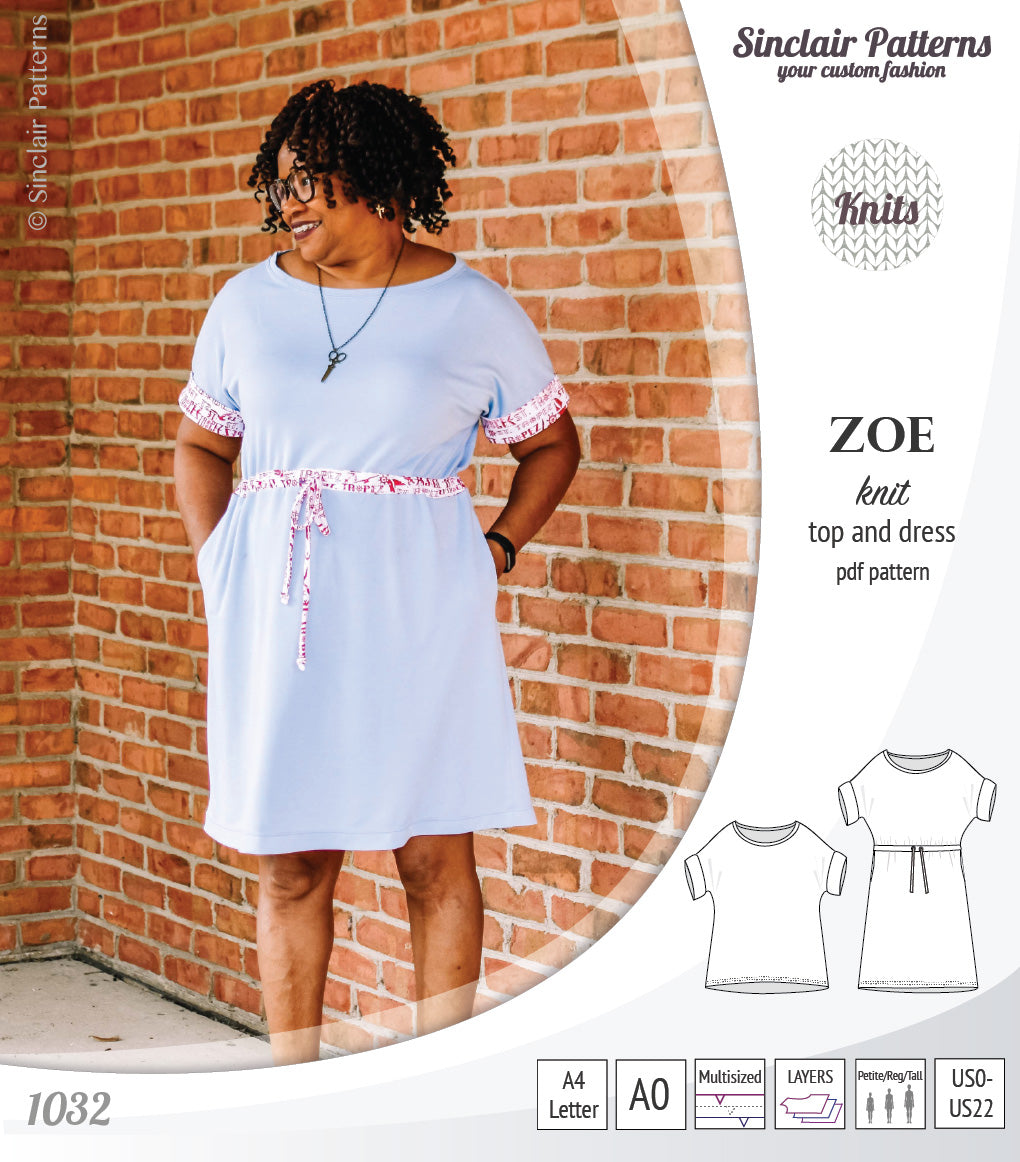 Sinclair Patterns S1032 Zoe relaxed fit dolman top and drawstring knit dress or top for women pdf sewing pattern