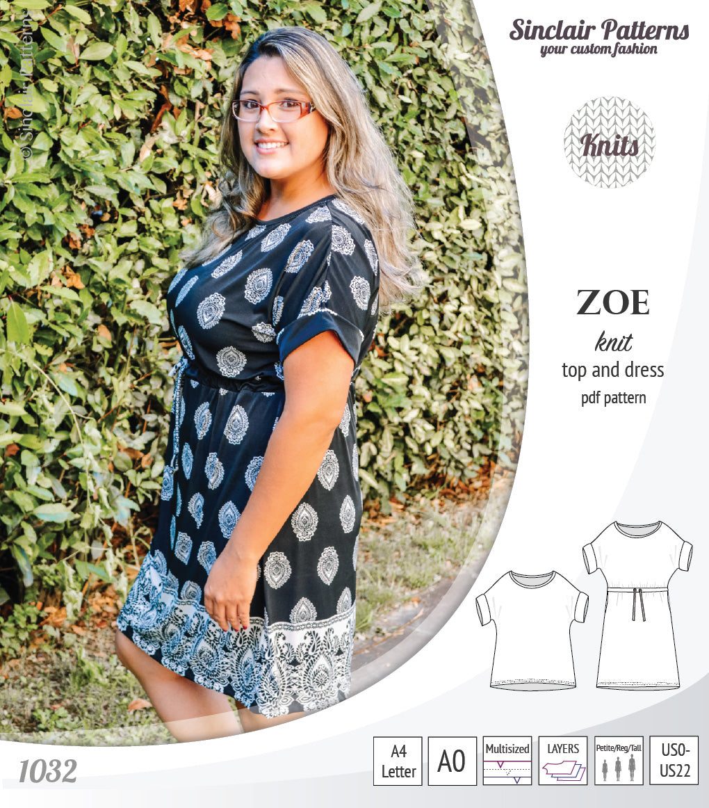 Sinclair Patterns S1032 Zoe relaxed fit dolman top and drawstring knit dress or top for women pdf sewing pattern