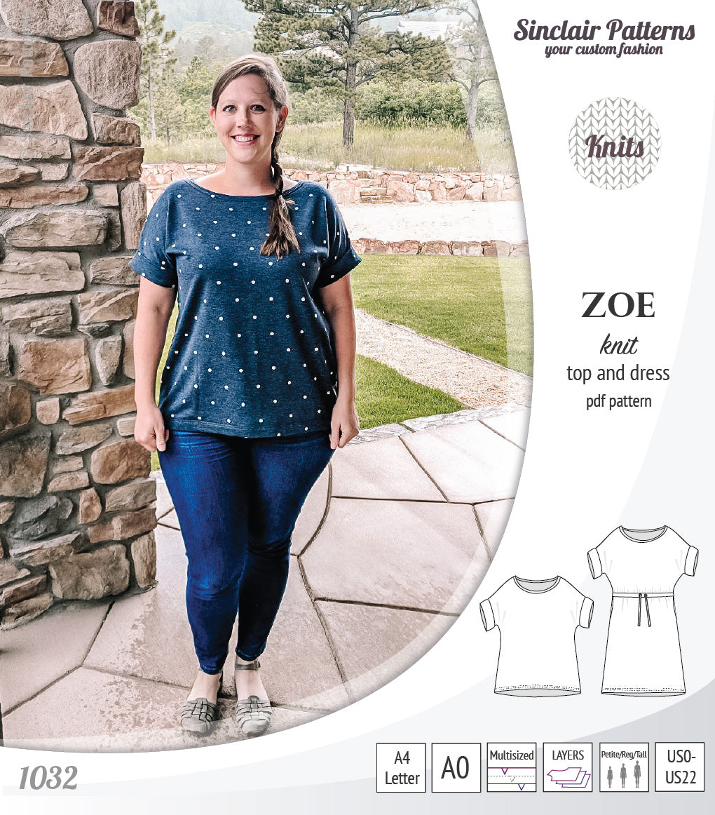 Sinclair Patterns S1032 Zoe relaxed fit dolman top and drawstring knit dress or top for women pdf sewing pattern