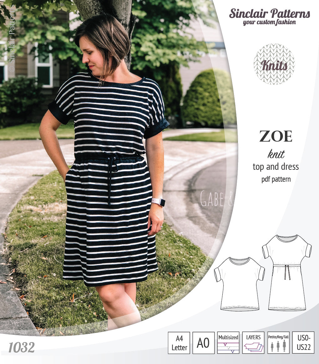 Sinclair Patterns S1032 Zoe relaxed fit dolman top and drawstring knit dress or top for women pdf sewing pattern