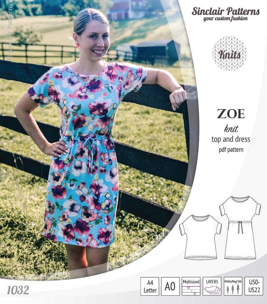 Sinclair Patterns S1032 Zoe relaxed fit dolman top and drawstring knit dress or top for women pdf sewing pattern