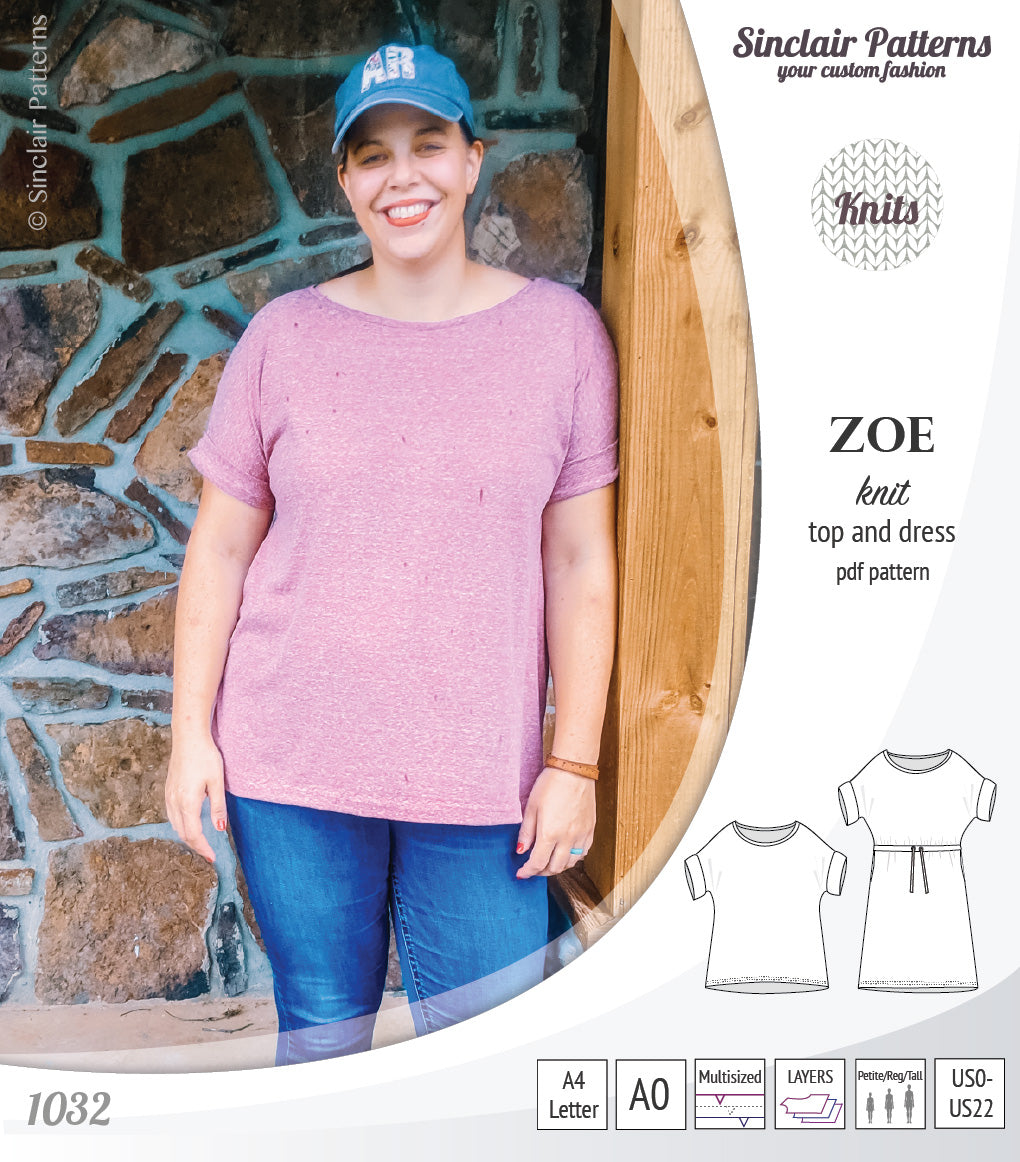 Sinclair Patterns S1032 Zoe relaxed fit dolman top and drawstring knit dress or top for women pdf sewing pattern