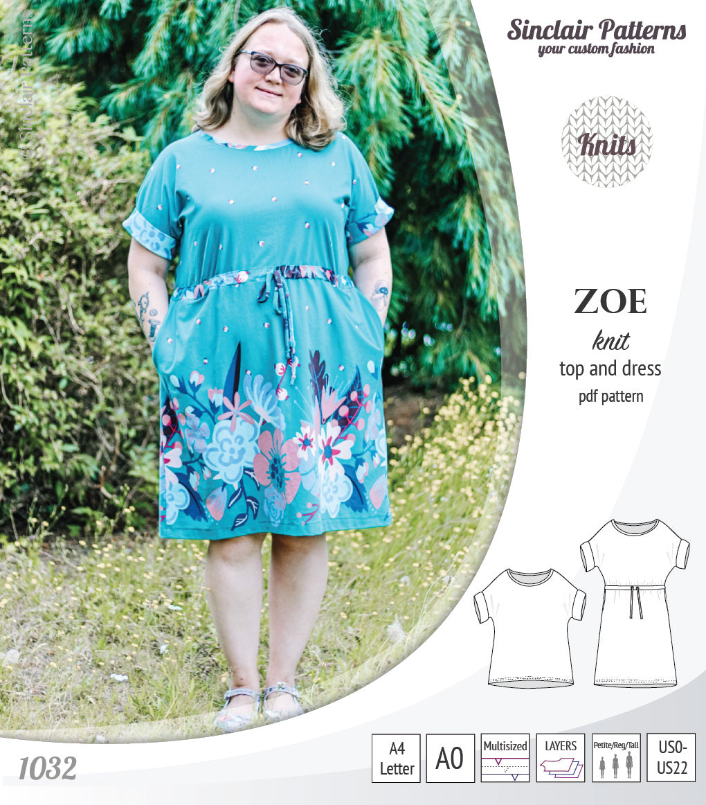 Sinclair Patterns S1032 Zoe relaxed fit dolman top and drawstring knit dress or top for women pdf sewing pattern