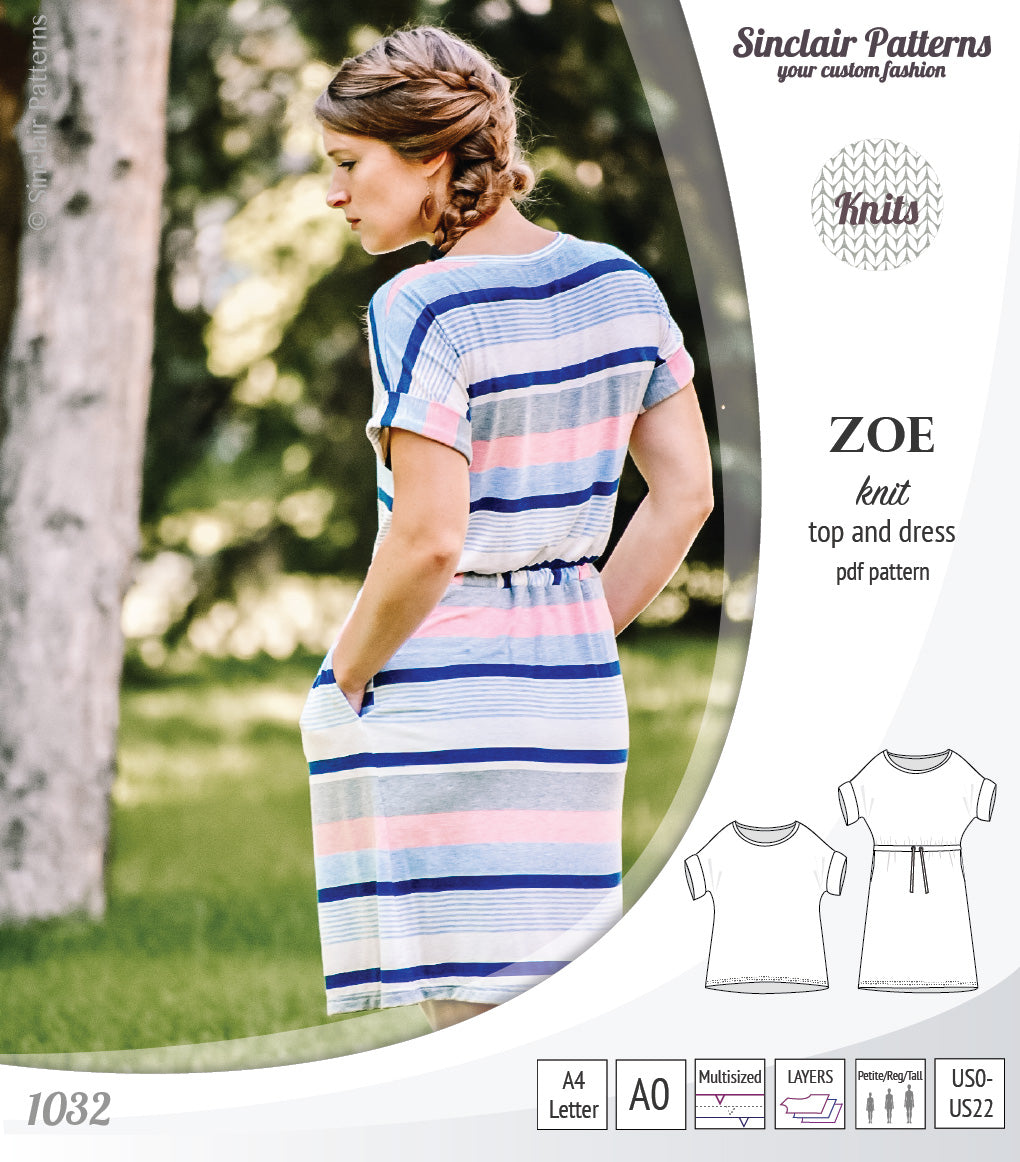 Sinclair Patterns S1032 Zoe relaxed fit dolman top and drawstring knit dress or top for women pdf sewing pattern