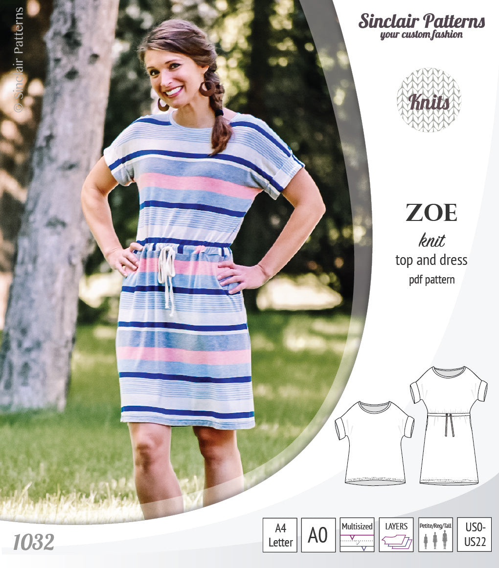 Sinclair Patterns S1032 Zoe relaxed fit dolman top and drawstring knit dress or top for women pdf sewing pattern