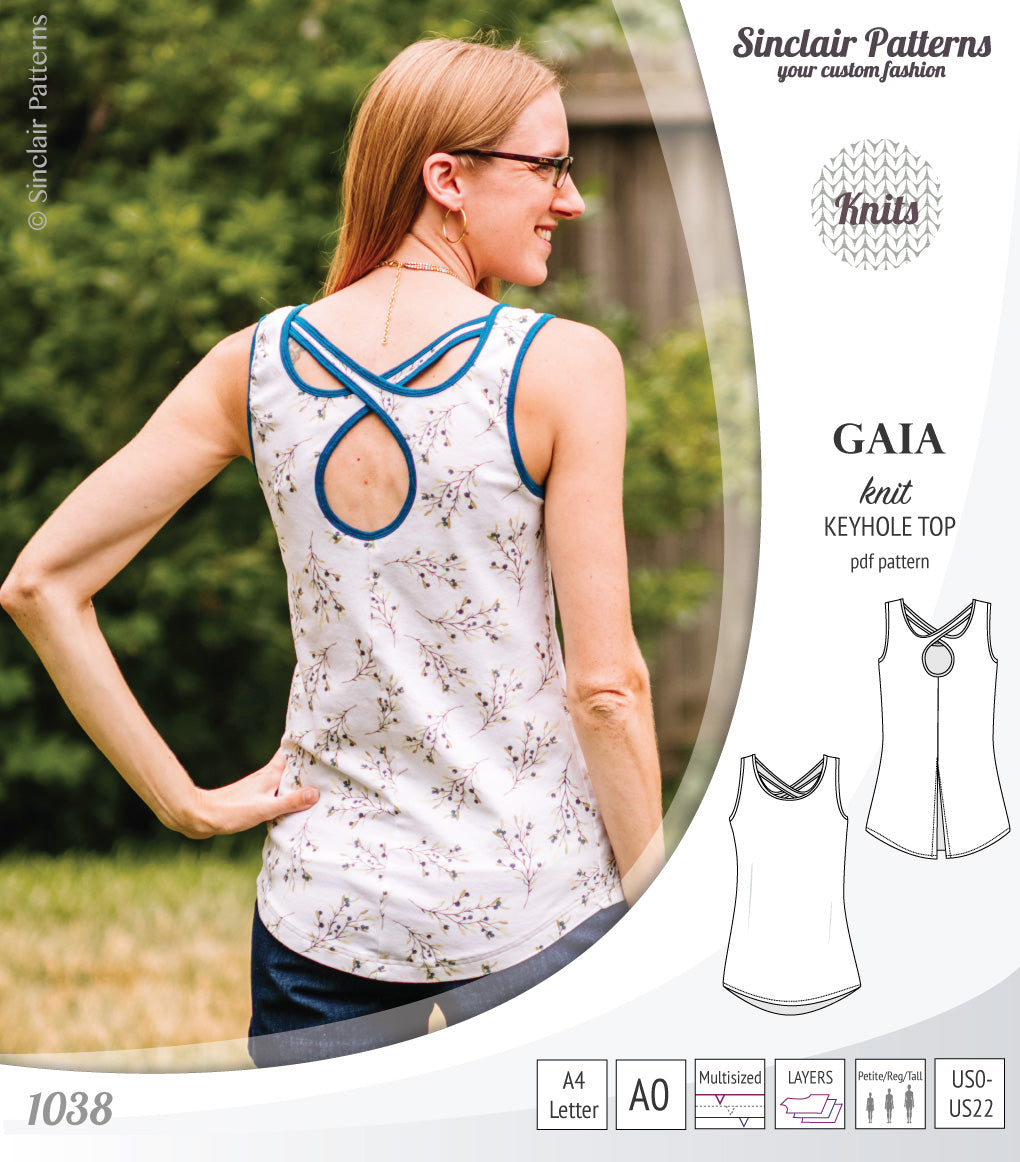 Pdf sewing pattern Gaia knit racerback keyhole tank top by Sinclair Patterns