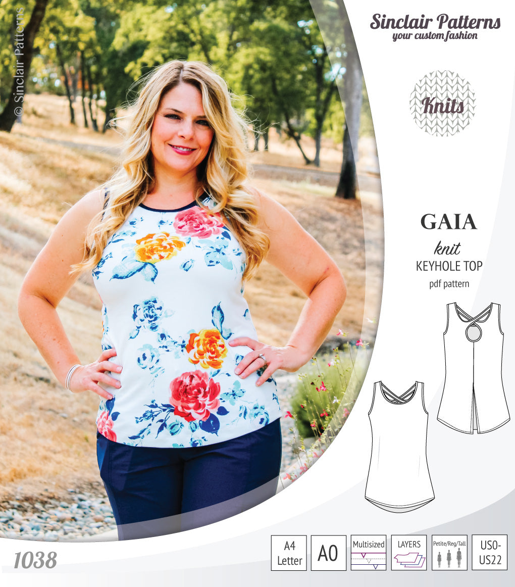 Pdf sewing pattern Gaia knit racerback keyhole tank top by Sinclair Patterns