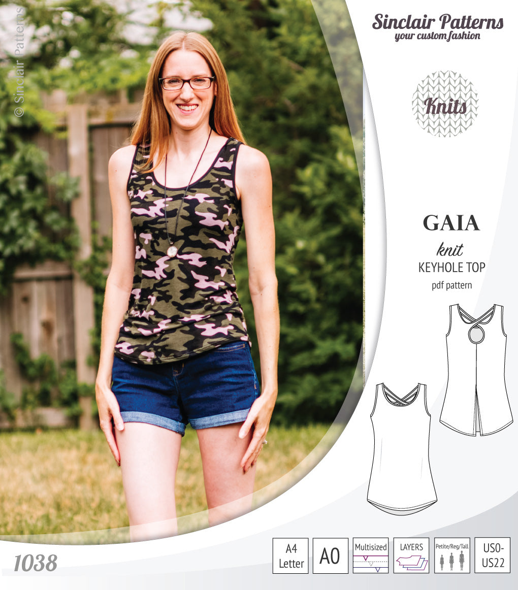 Pdf sewing pattern Gaia knit racerback keyhole tank top by Sinclair Patterns