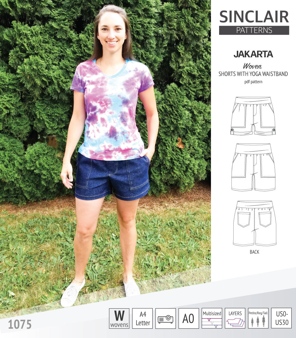 Pdf sewing pattern S1075 Jakarta woven shorts with pockets and yoga waistband by Sinclair Patterns