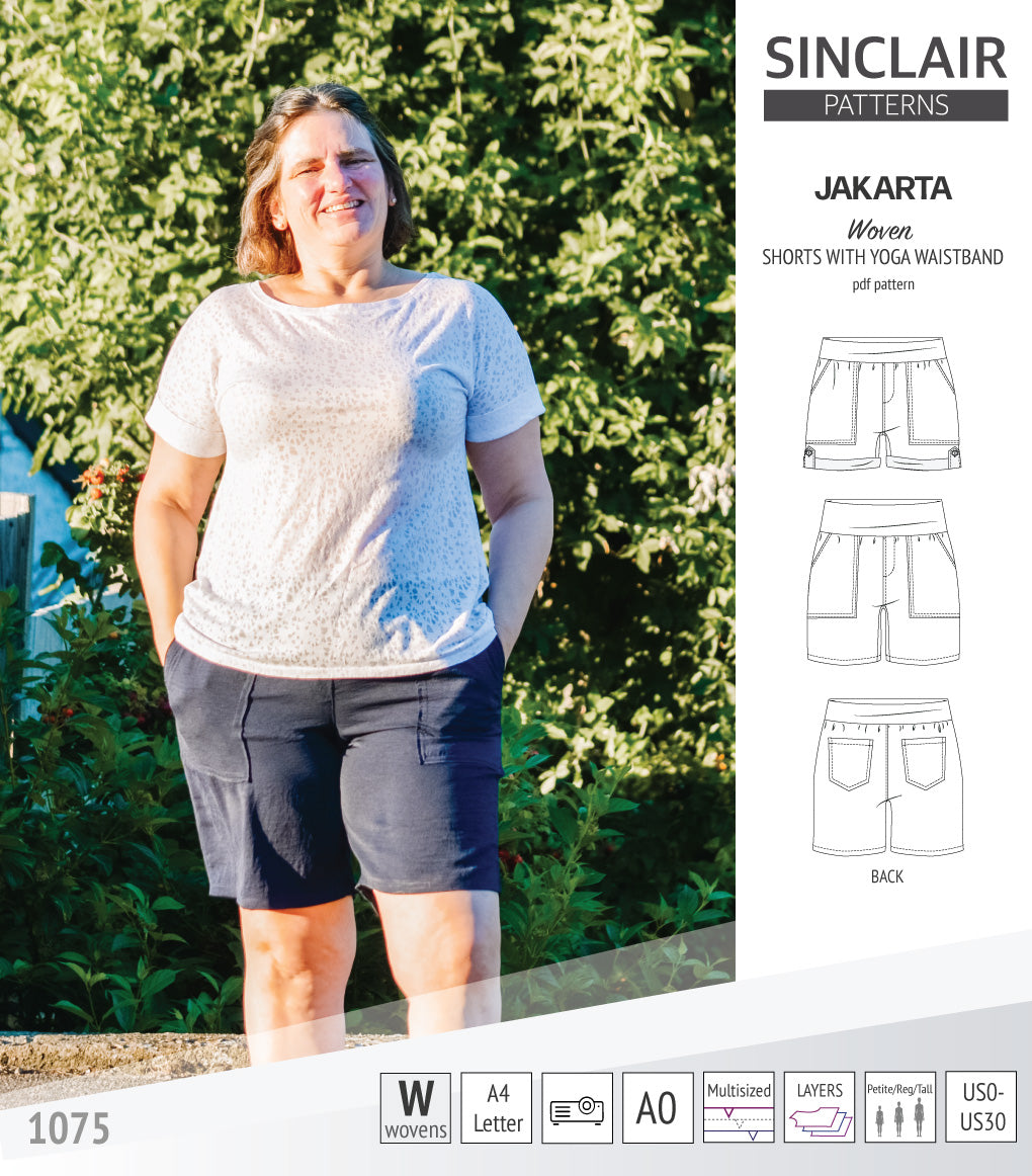 Pdf sewing pattern S1075 Jakarta woven shorts with pockets and yoga waistband by Sinclair Patterns