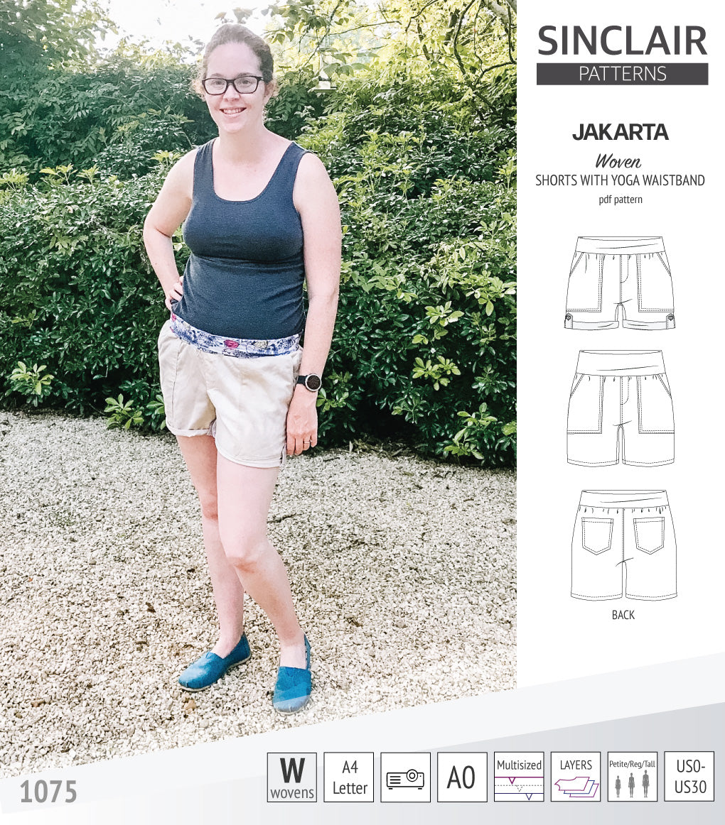 Pdf sewing pattern S1075 Jakarta woven shorts with pockets and yoga waistband by Sinclair Patterns