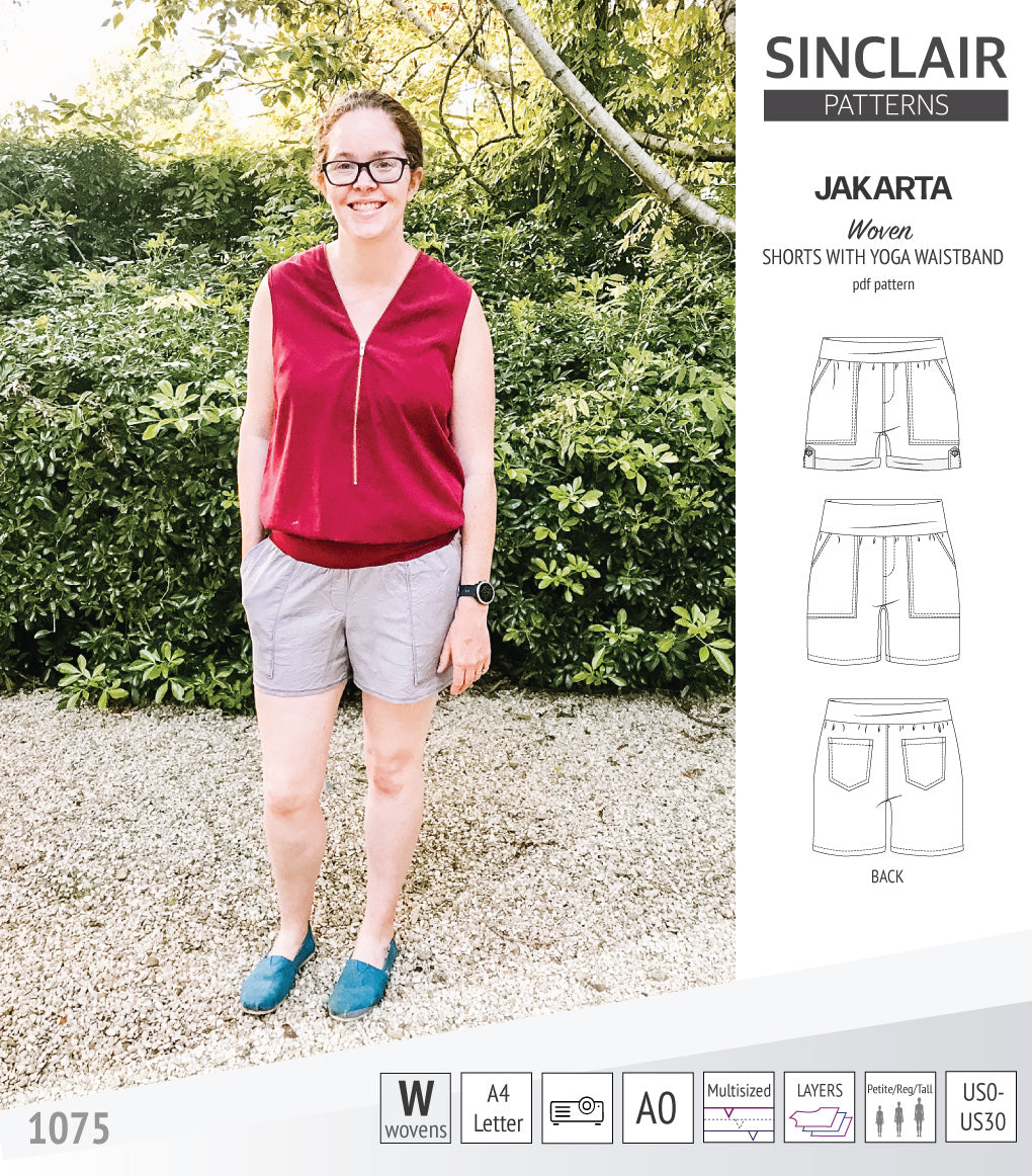 Pdf sewing pattern S1075 Jakarta woven shorts with pockets and yoga waistband by Sinclair Patterns