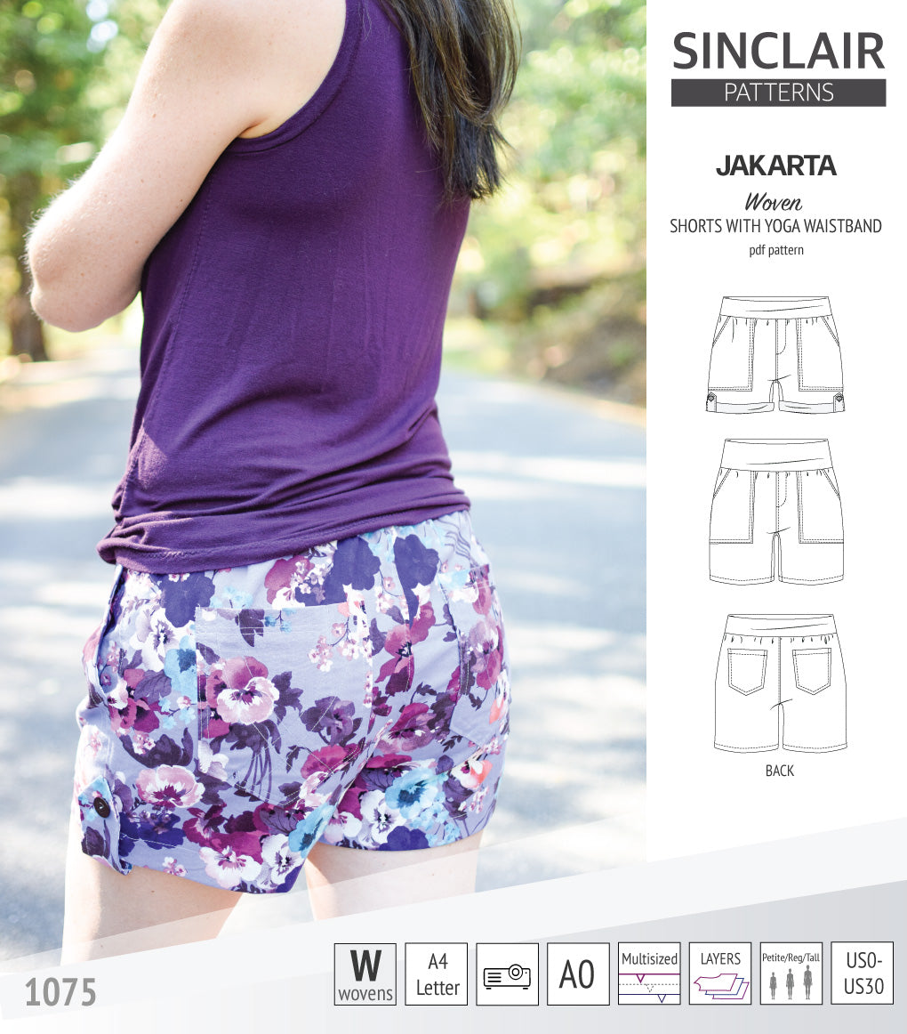 Pdf sewing pattern S1075 Jakarta woven shorts with pockets and yoga waistband by Sinclair Patterns