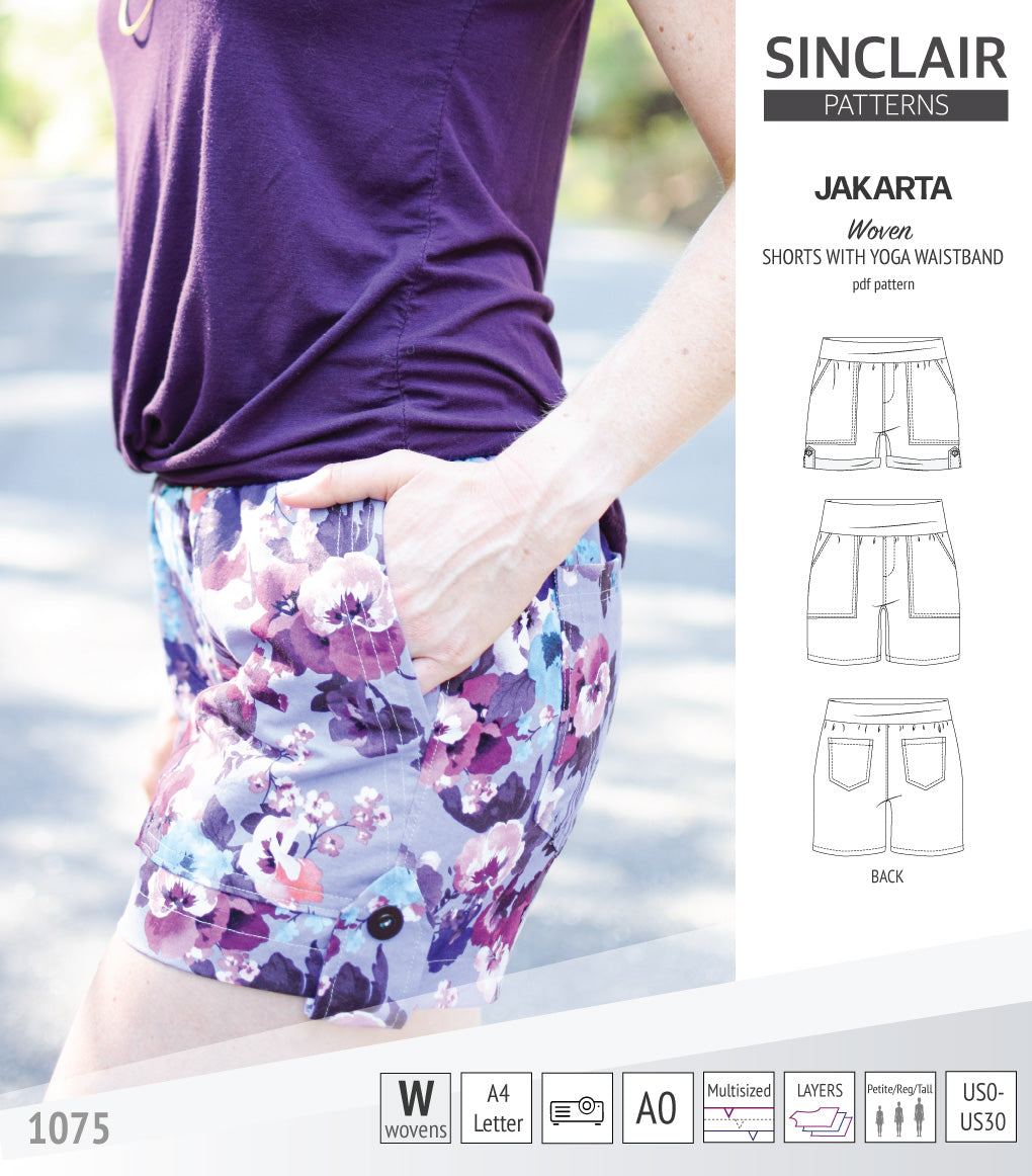 Pdf sewing pattern S1075 Jakarta woven shorts with pockets and yoga waistband by Sinclair Patterns
