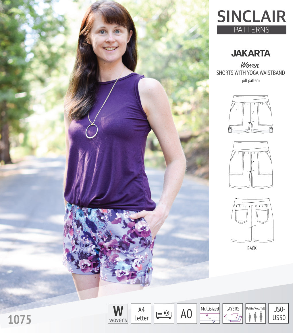 Pdf sewing pattern S1075 Jakarta woven shorts with pockets and yoga waistband by Sinclair Patterns