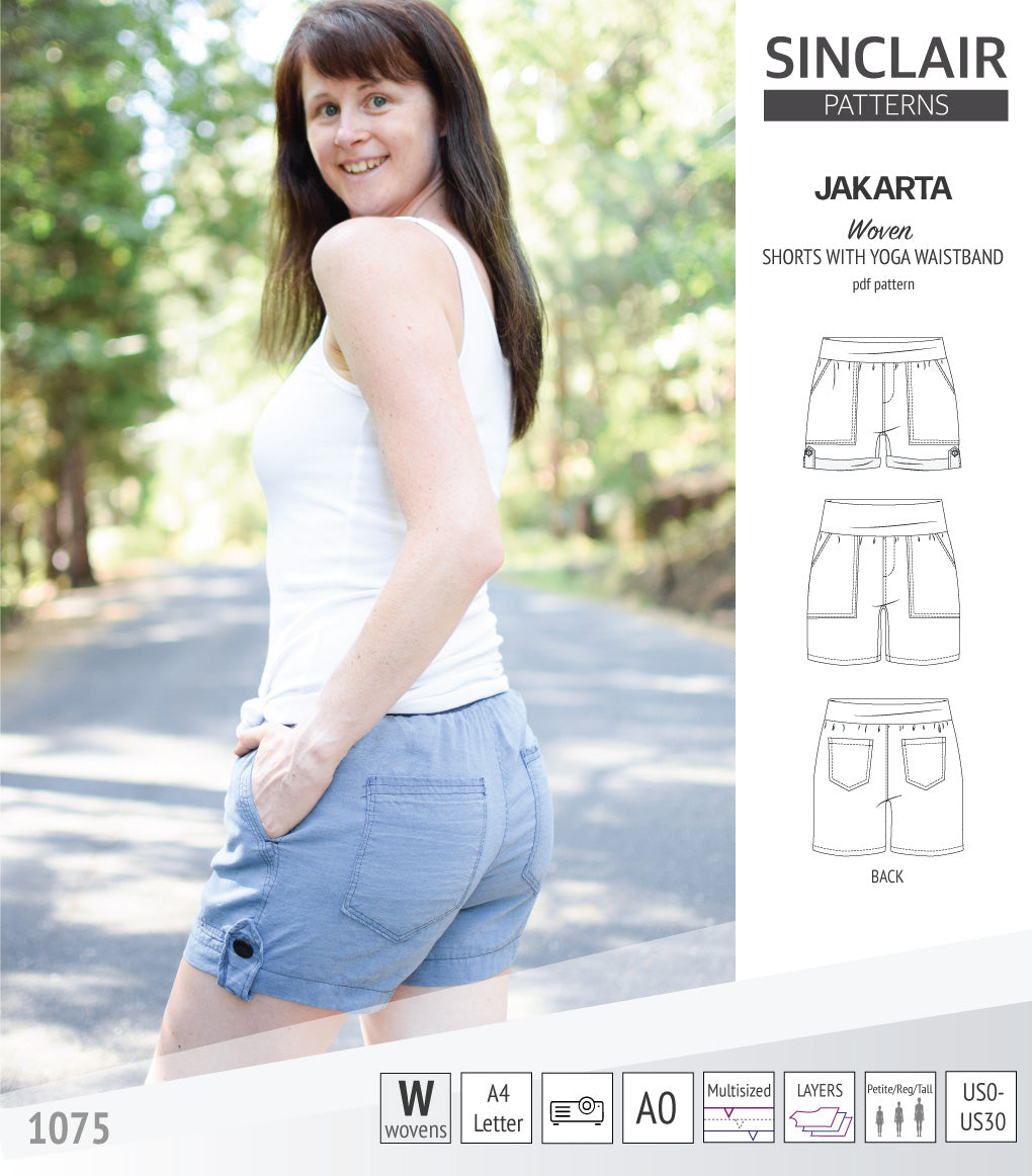 Pdf sewing pattern S1075 Jakarta woven shorts with pockets and yoga waistband by Sinclair Patterns