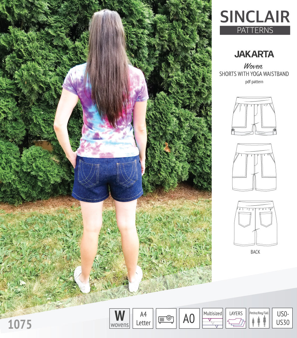 Pdf sewing pattern S1075 Jakarta woven shorts with pockets and yoga waistband by Sinclair Patterns