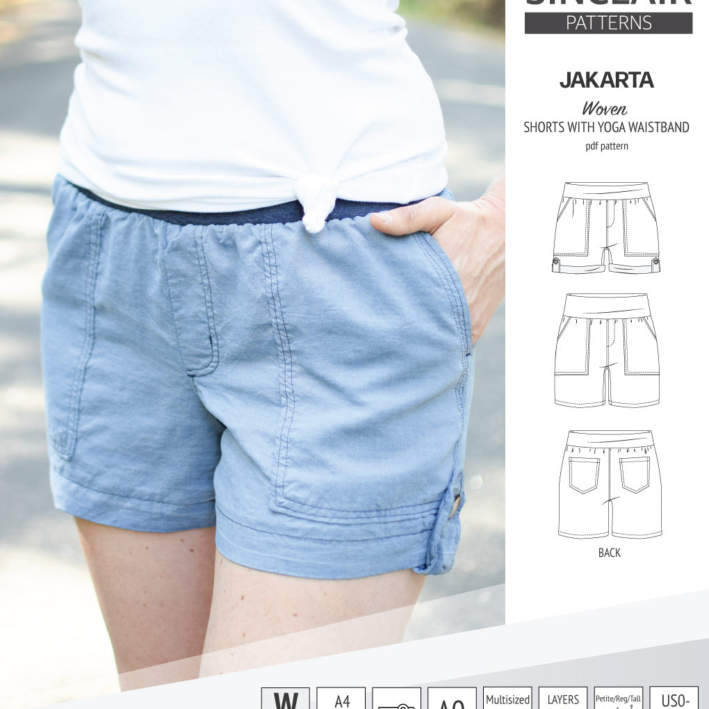Pdf sewing pattern S1075 Jakarta woven shorts with pockets and yoga waistband by Sinclair Patterns