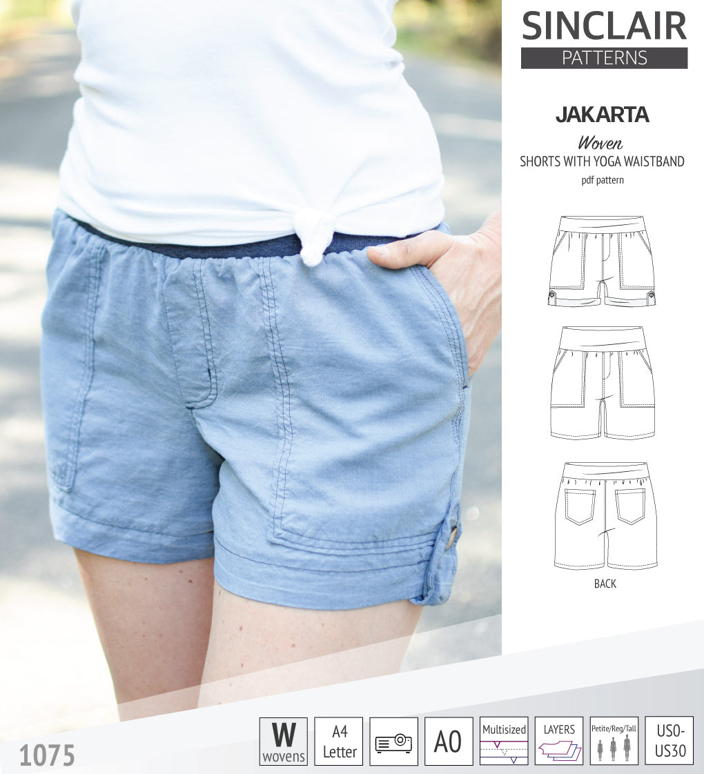 Pdf sewing pattern S1075 Jakarta woven shorts with pockets and yoga waistband by Sinclair Patterns