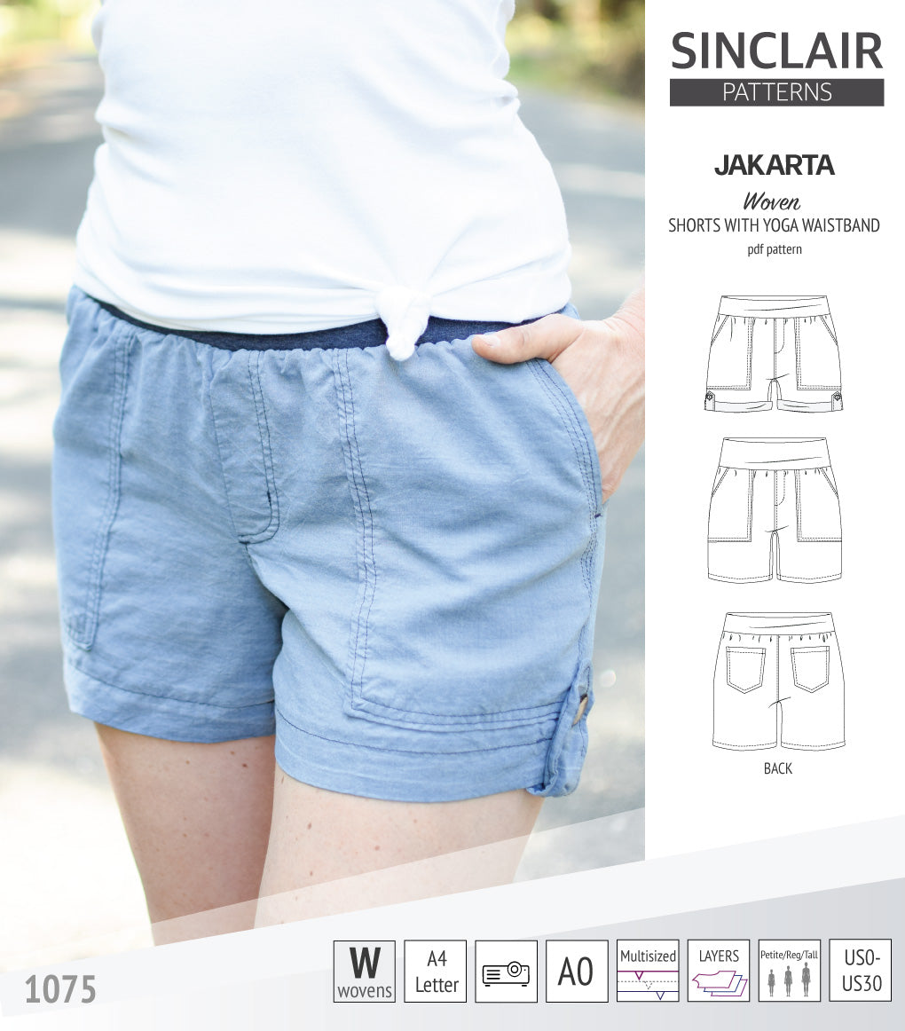 Pdf sewing pattern S1075 Jakarta woven shorts with pockets and yoga waistband by Sinclair Patterns
