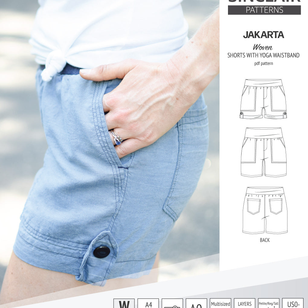 Pdf sewing pattern S1075 Jakarta woven shorts with pockets and yoga waistband by Sinclair Patterns