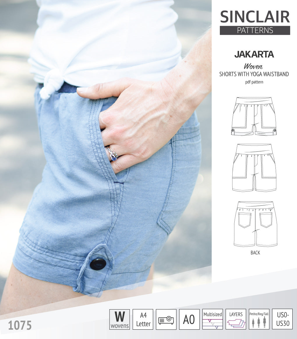 Pdf sewing pattern S1075 Jakarta woven shorts with pockets and yoga waistband by Sinclair Patterns