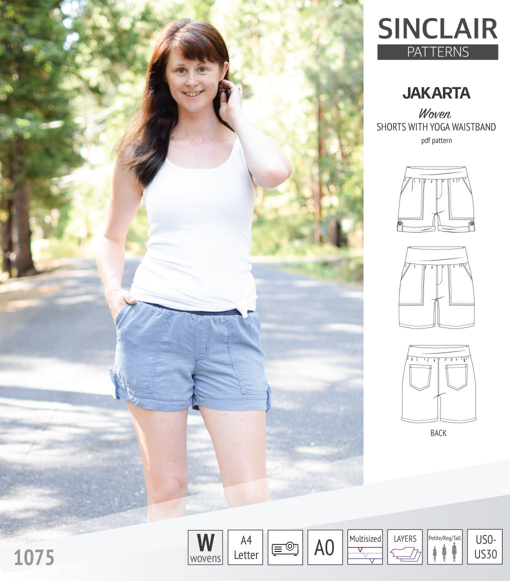 Pdf sewing pattern S1075 Jakarta woven shorts with pockets and yoga waistband by Sinclair Patterns