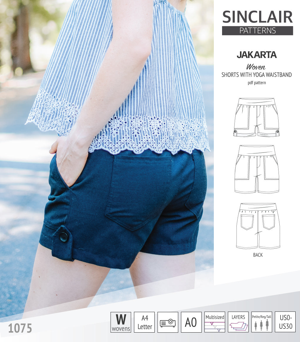Pdf sewing pattern S1075 Jakarta woven shorts with pockets and yoga waistband by Sinclair Patterns