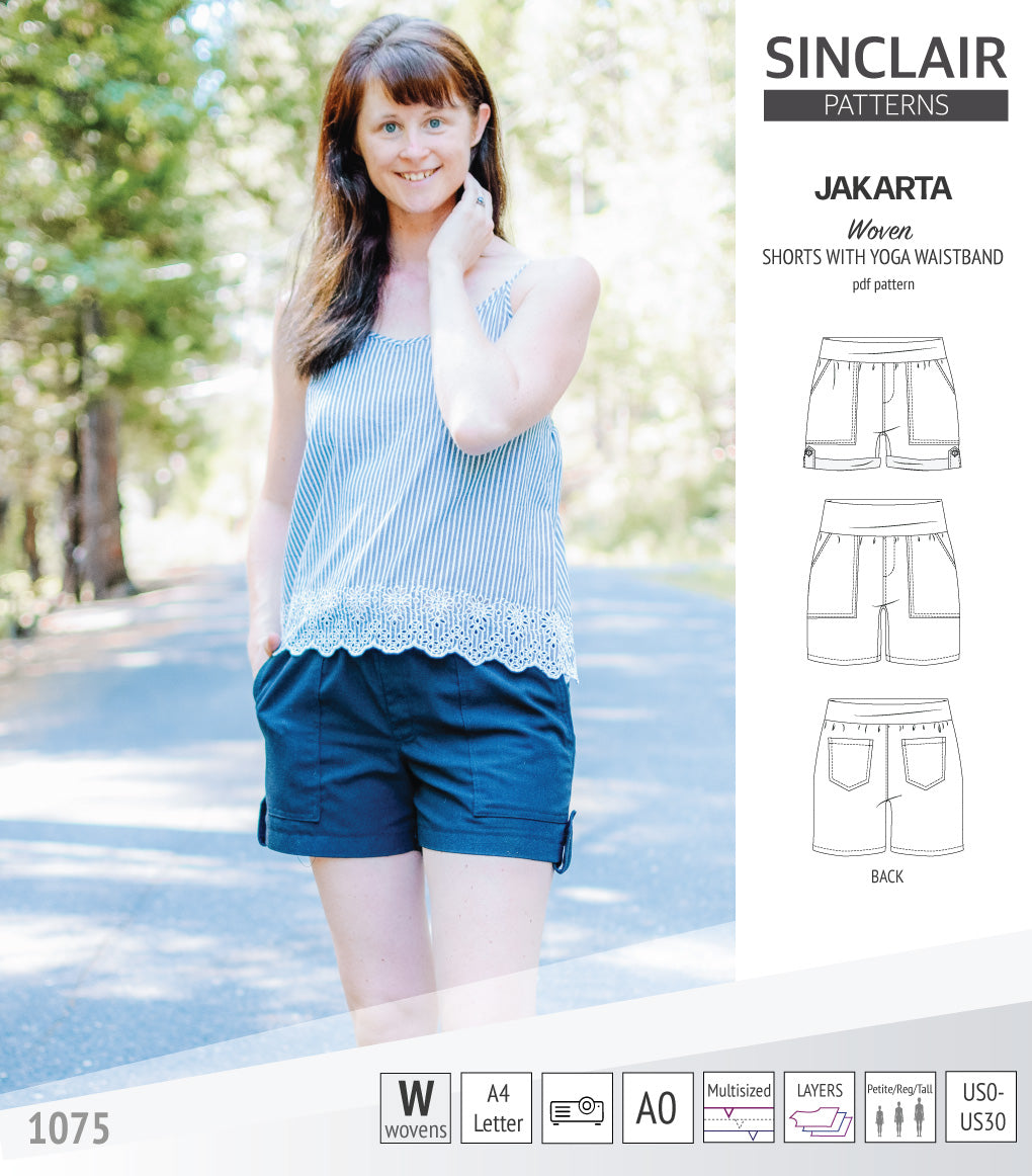 Pdf sewing pattern S1075 Jakarta woven shorts with pockets and yoga waistband by Sinclair Patterns