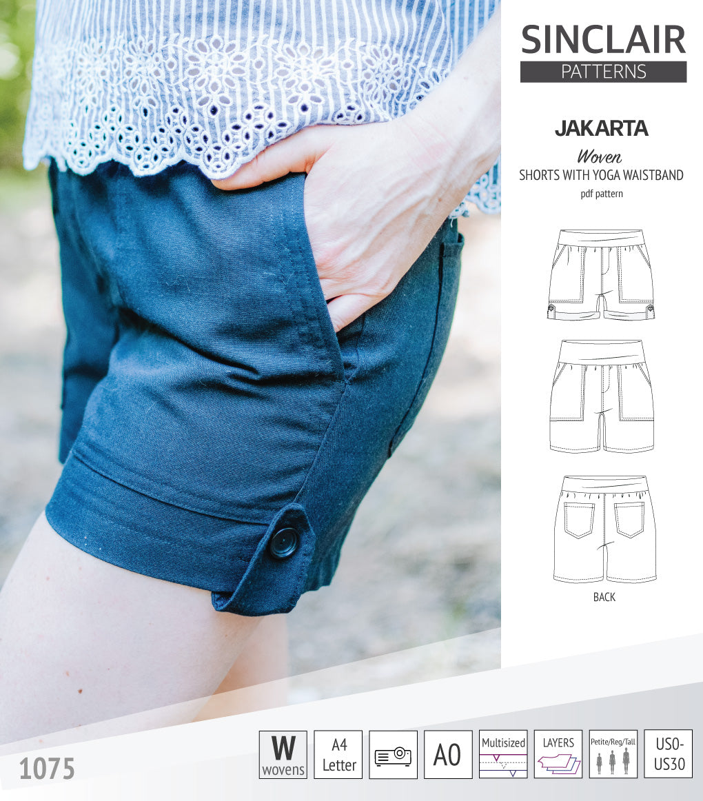 Pdf sewing pattern S1075 Jakarta woven shorts with pockets and yoga waistband by Sinclair Patterns