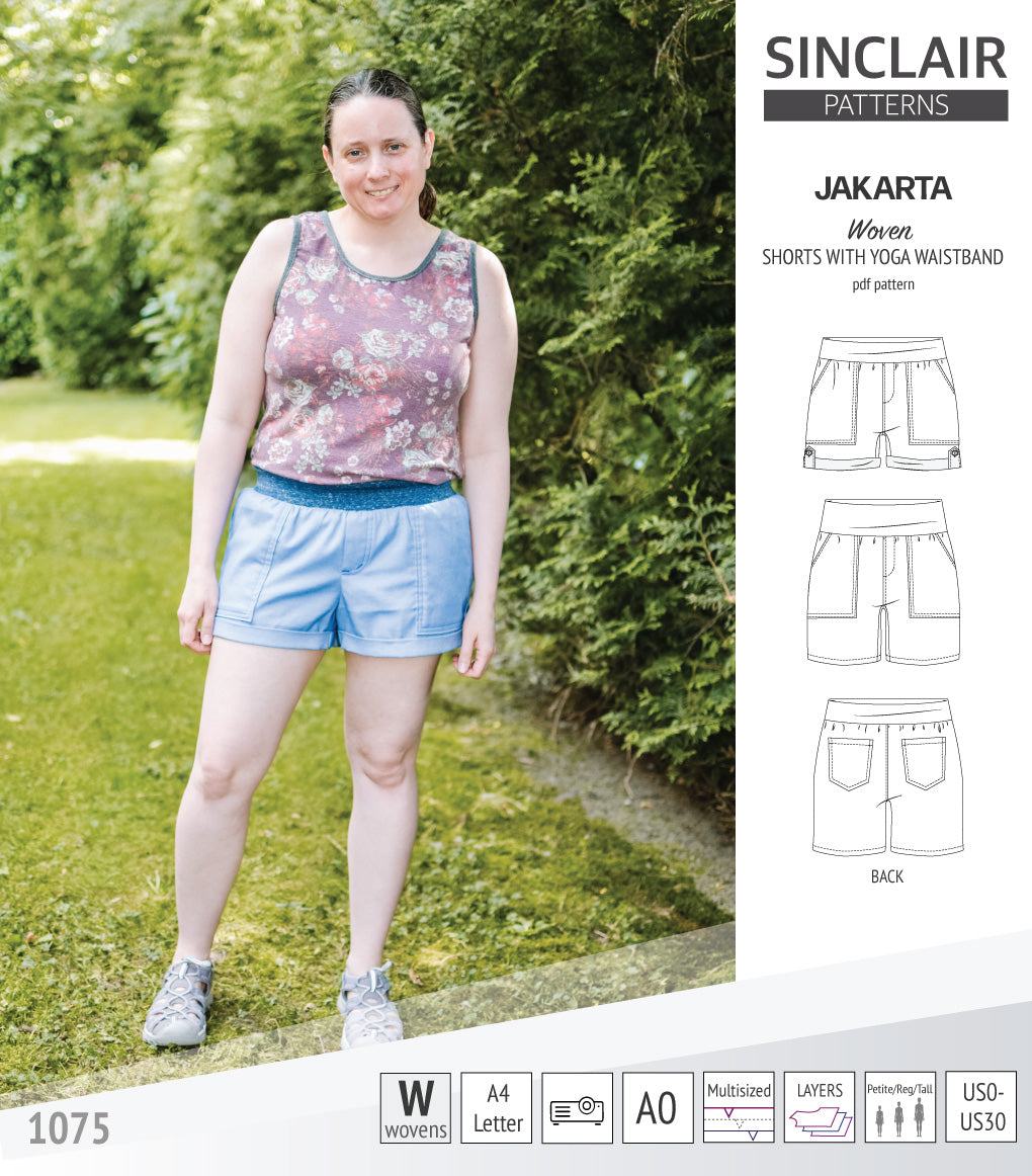 Pdf sewing pattern S1075 Jakarta woven shorts with pockets and yoga waistband by Sinclair Patterns