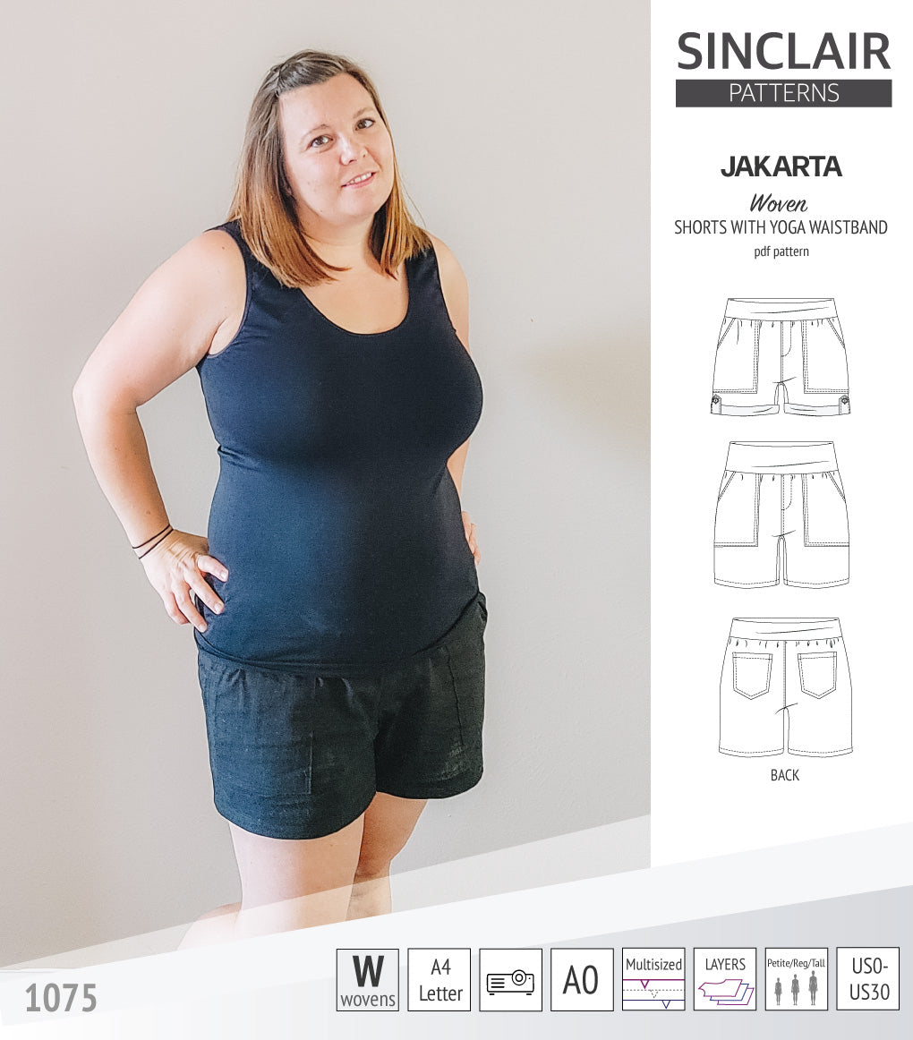 Pdf sewing pattern S1075 Jakarta woven shorts with pockets and yoga waistband by Sinclair Patterns