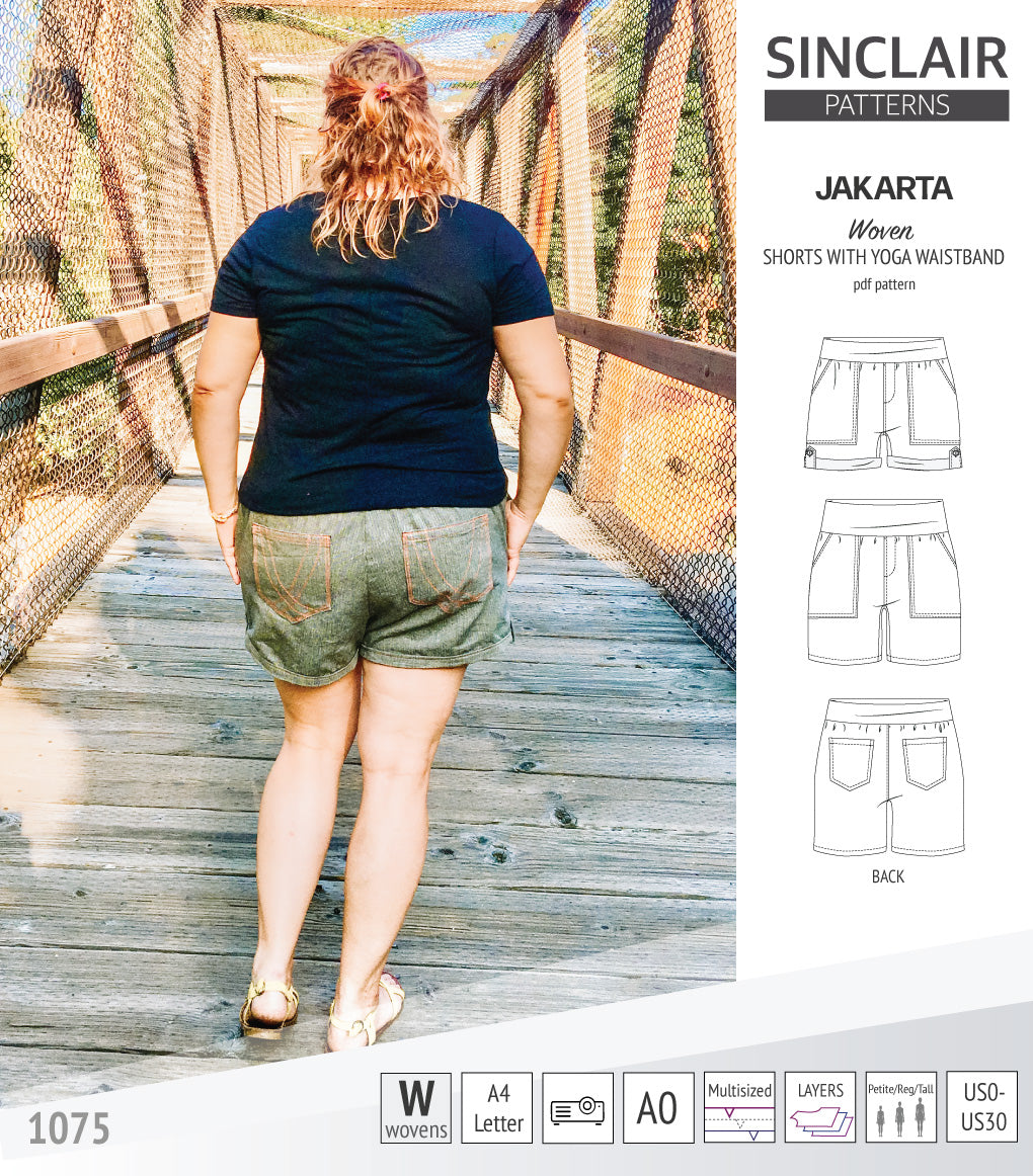 Pdf sewing pattern S1075 Jakarta woven shorts with pockets and yoga waistband by Sinclair Patterns