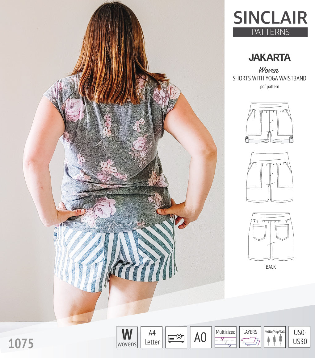 Pdf sewing pattern S1075 Jakarta woven shorts with pockets and yoga waistband by Sinclair Patterns
