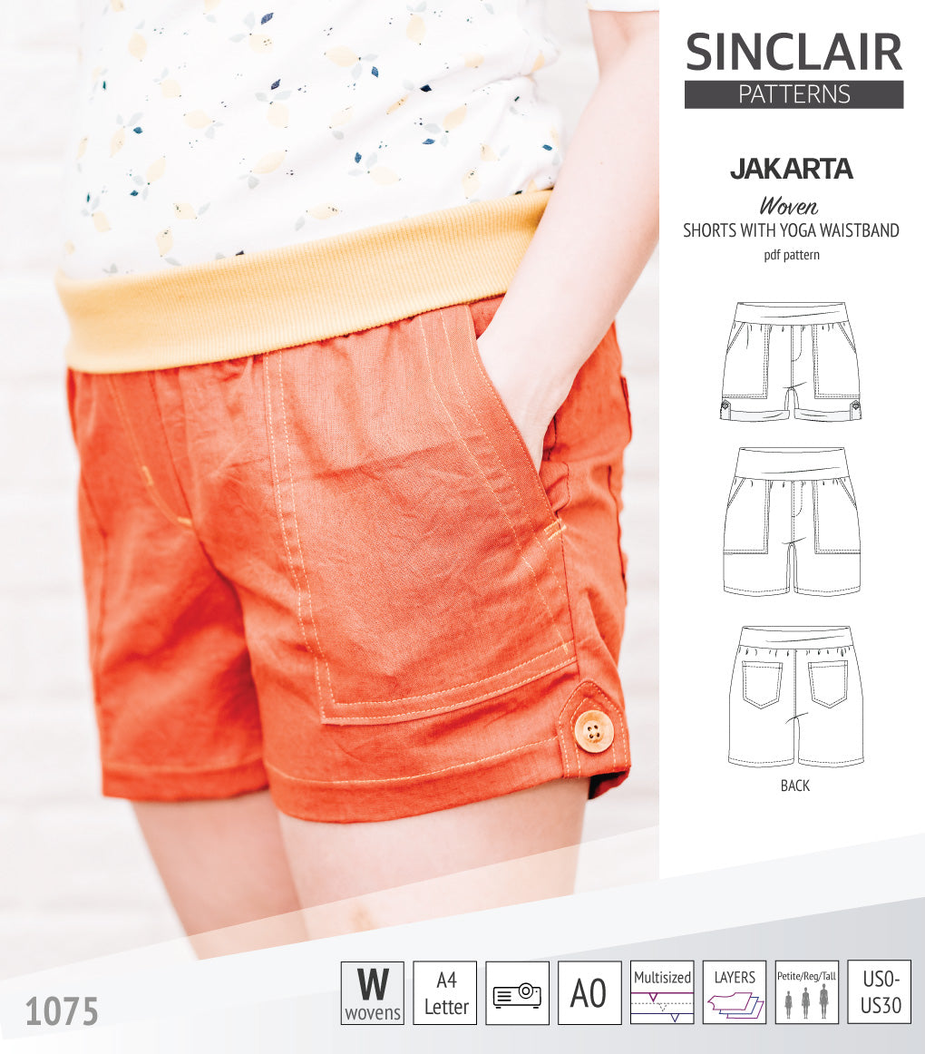 Pdf sewing pattern S1075 Jakarta woven shorts with pockets and yoga waistband by Sinclair Patterns