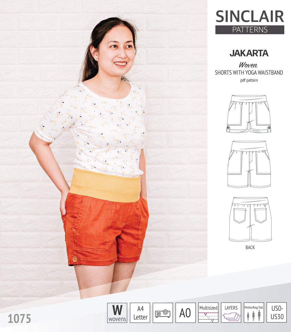 Pdf sewing pattern S1075 Jakarta woven shorts with pockets and yoga waistband by Sinclair Patterns